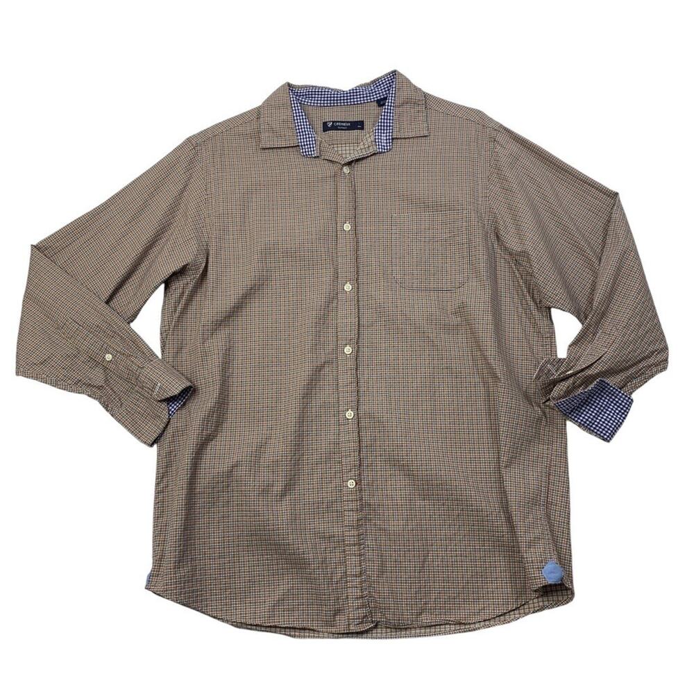 Cremieux Shirt Mens L Large Brown Plaid Cotton Classics Flip Cuff Button Up